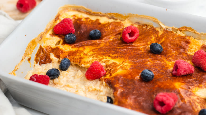 Close up of baked rice pudding in baking dish 