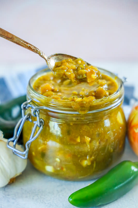 <p>Sweet Cs Design</p><p>Delicious easy Colorado-style green chile sauce, great for enchiladas, tacos and more!</p><p><strong>Get the recipe: <a href="https://sweetcsdesigns.com/easy-green-chile-sauce-recipe/" rel="nofollow noopener" target="_blank" data-ylk="slk:Easy Green Chile Sauce;elm:context_link;itc:0;sec:content-canvas" class="link rapid-noclick-resp">Easy Green Chile Sauce</a></strong></p>