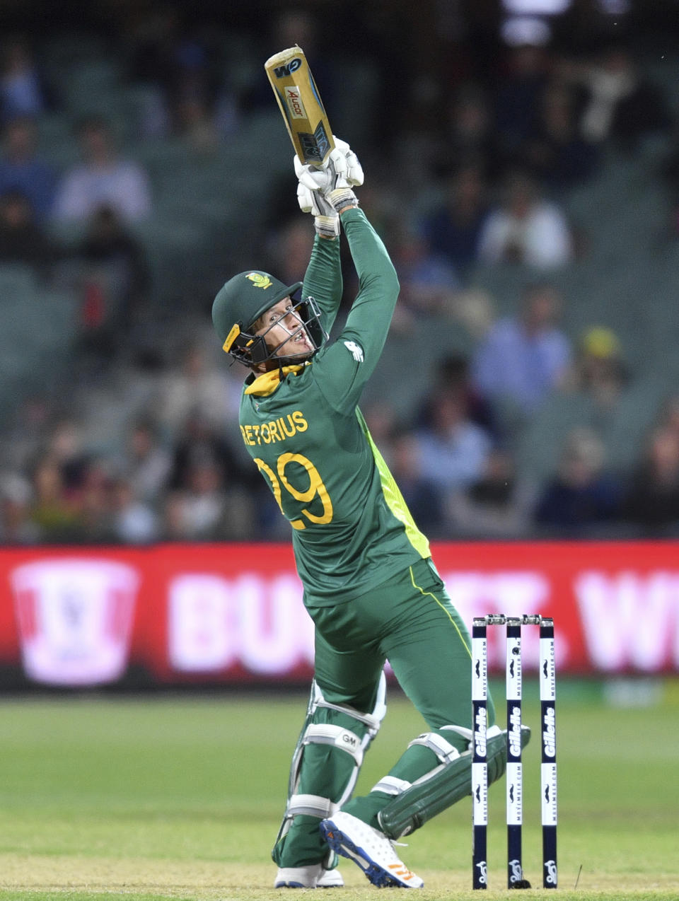 Dwaine Pretorius of South Africa bats against Australia during their second One-Day International cricket match in Adelaide, Friday, Nov. 9, 2018. (David Mariuz/AAP Image via AP)