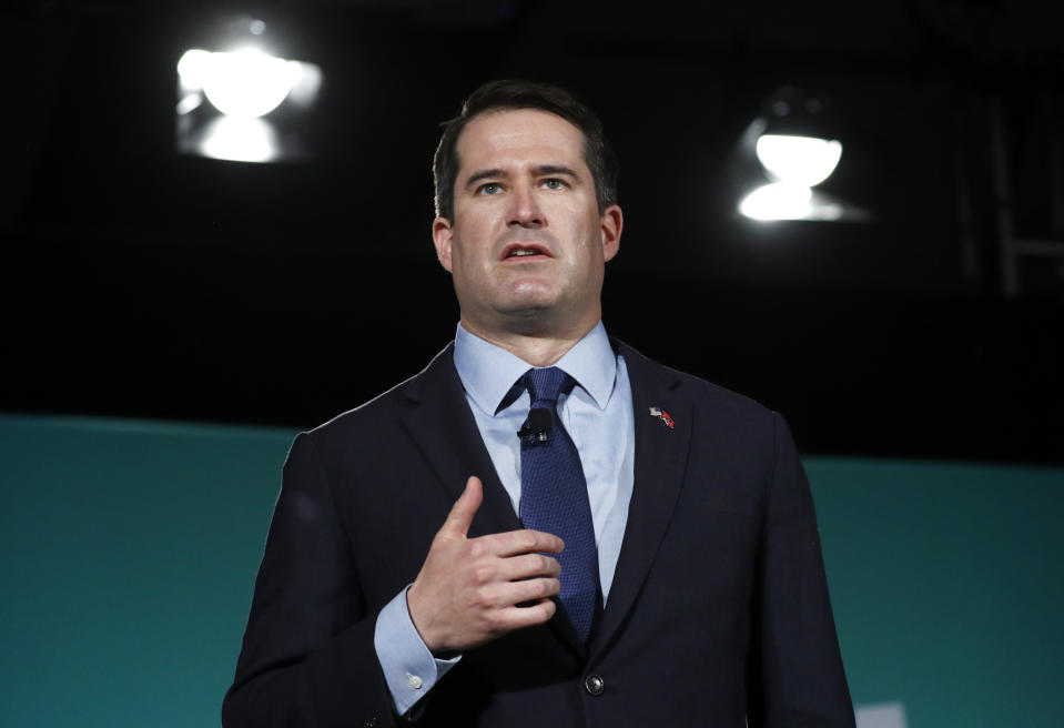 Democratic presidential candidate Rep. Seth Moulton, D-Mass., speaks during a candidate forum on labor issues Saturday, Aug. 3, 2019, in Las Vegas. (AP Photo/John Locher)