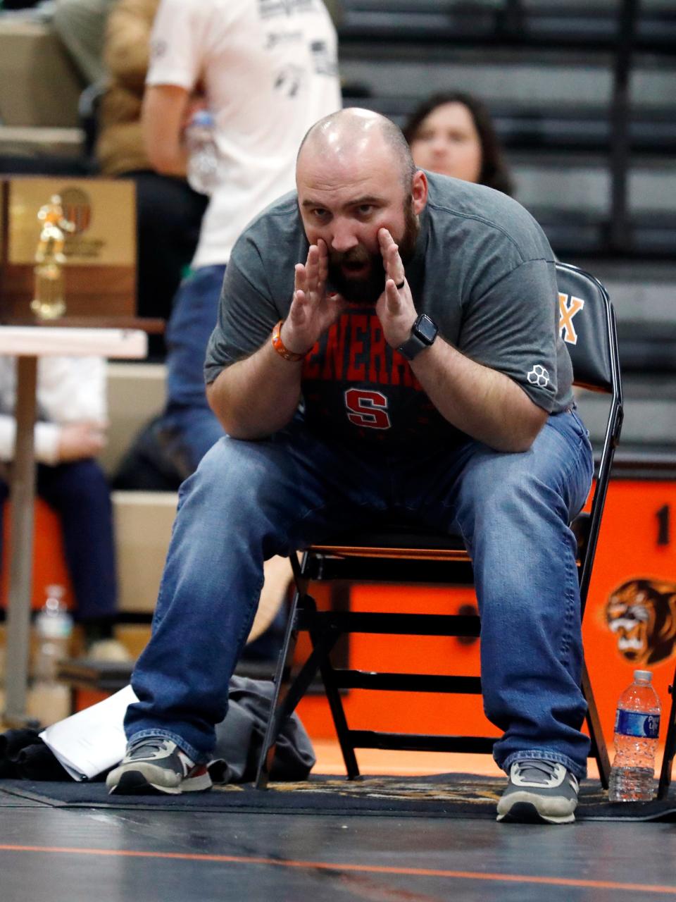 Sheridan's Caleb Bennett bellows out instructions during the Muskingum Valley League Tournament on Saturday at New Lexington High School.