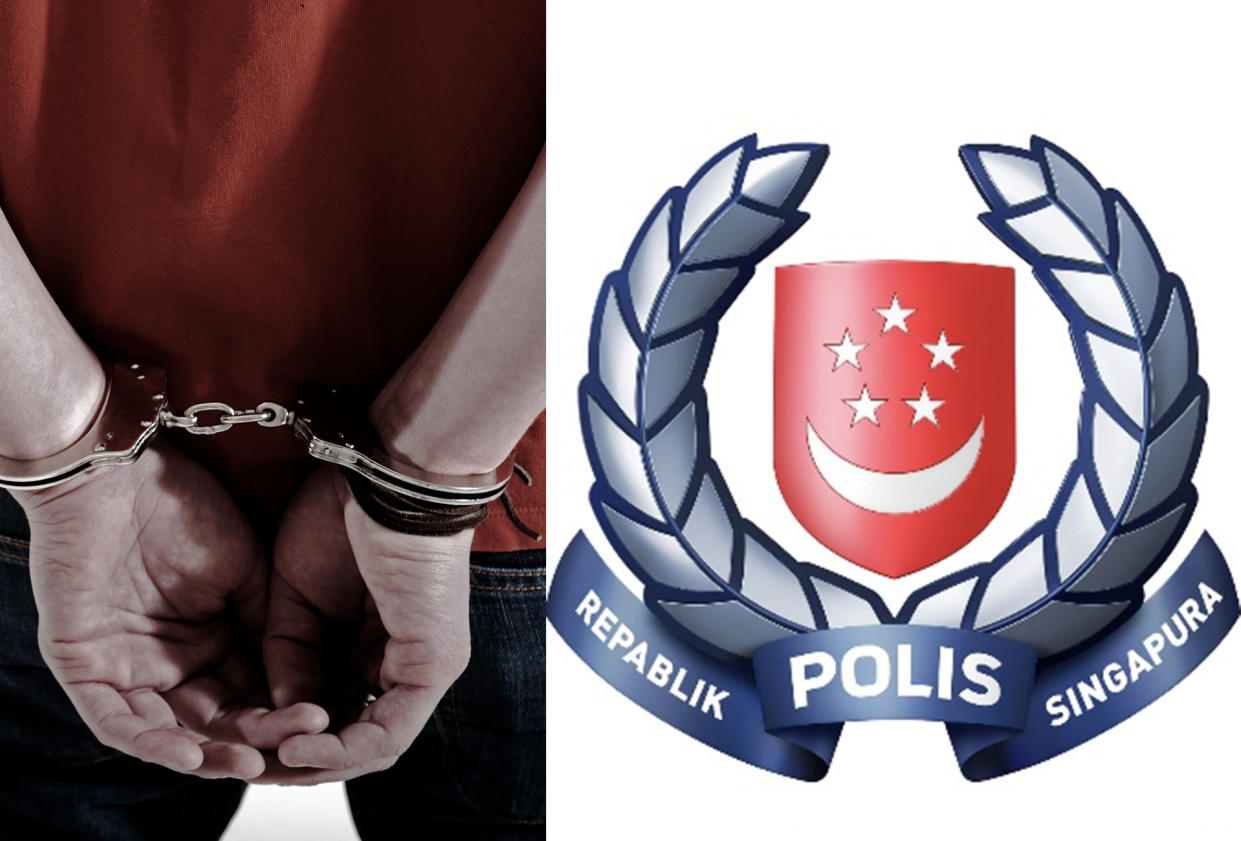 A graphic showing an unidentifiable man in handcuffs alongside the Singapore Police Force logo. (PHOTOS: Getty Images, Singapore Police Force)