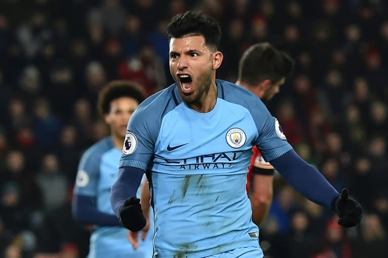 Manchester City's striker Sergio Aguero celebrates after scoring their second goal during the English Premier League football match between Bournemouth and Manchester City at the Vitality Stadium in Bournemouth, southern England on February 13, 2017