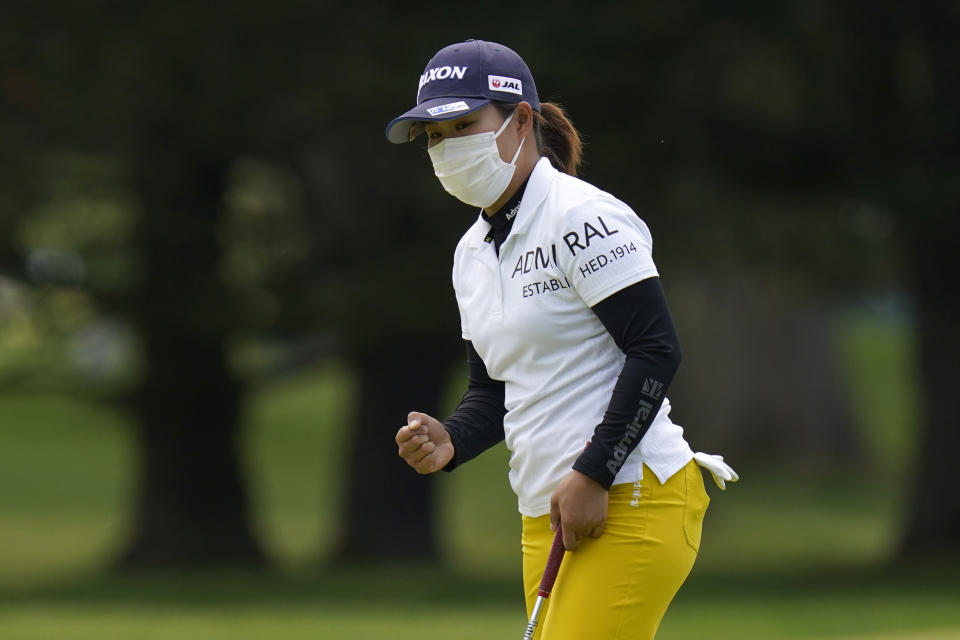 Nasa Hataoka, of Japan, reacts after making a putt on the 14th green during the first round of the LPGA Cognizant Founders Cup golf tournament, Thursday, May 12, 2022, in Clifton, N.J. (AP Photo/Seth Wenig)