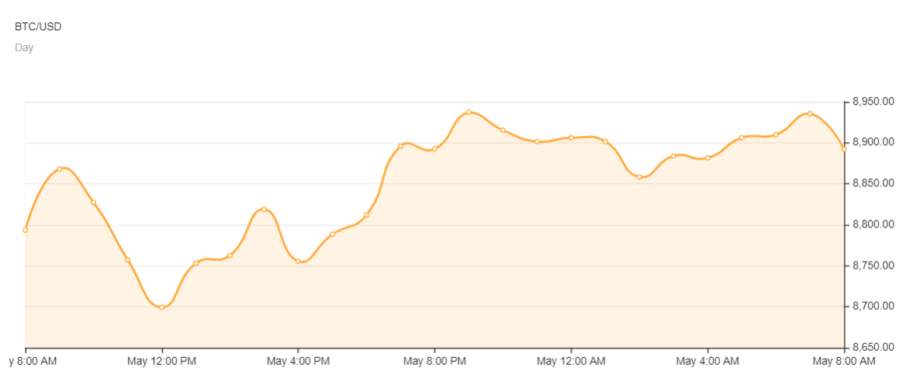 Bitcoin-Kurs im Tageschart kurz vor 9.000 US-Dollar