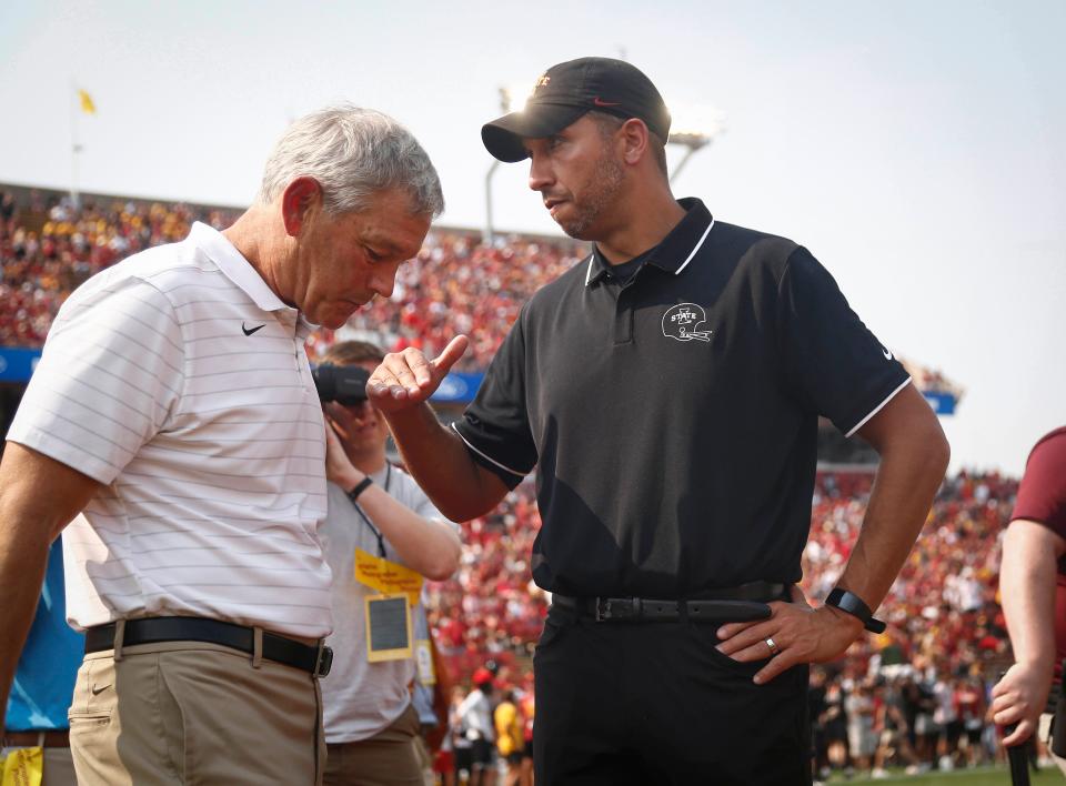 Coaches Kirk Ferentz of Iowa and Matt Campbell of Iowa State will meet for the sixth time in the annual Cy-Hawk game Saturday at Kinnick Stadium in Iowa City. Hopefully this series last forever.