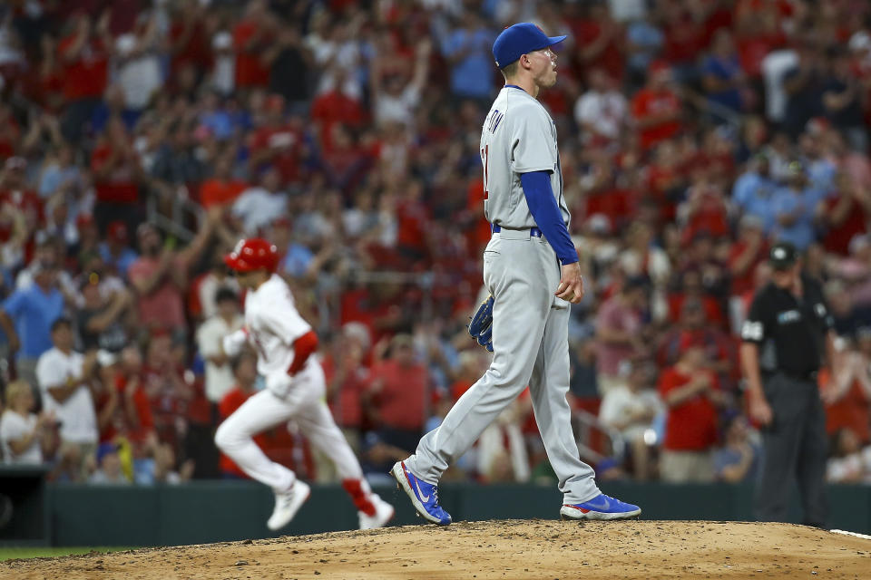 Chicago Cubs starting pitcher Keegan Thompson (71) walks to the top of the mound after giving up a two-run home run to St. Louis Cardinals' Dylan Carlson during the fifth inning of a baseball game Tuesday, Aug. 2, 2022, in St. Louis. (AP Photo / Scott Kane)