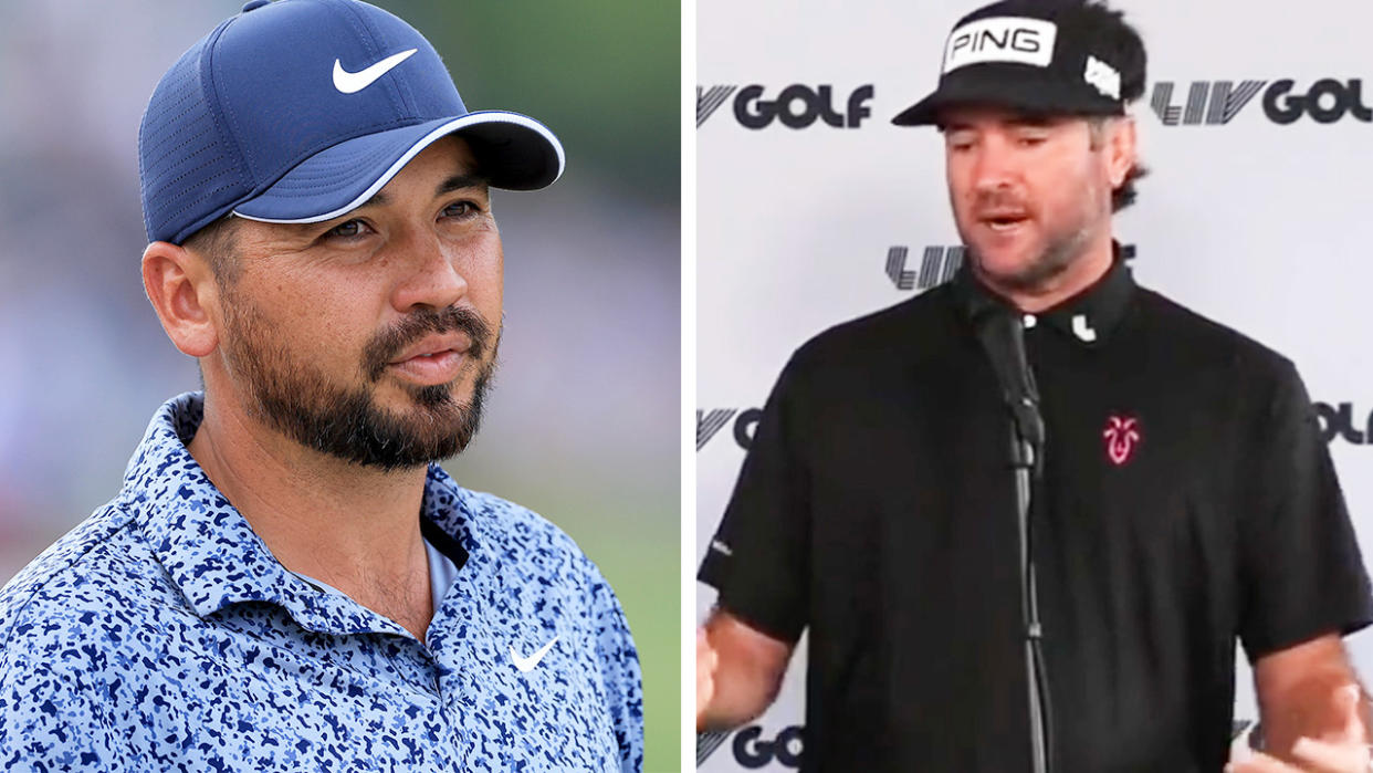 LIV Golfer Bubba Watson speaking at a press conference and Jason Day during a tournament.