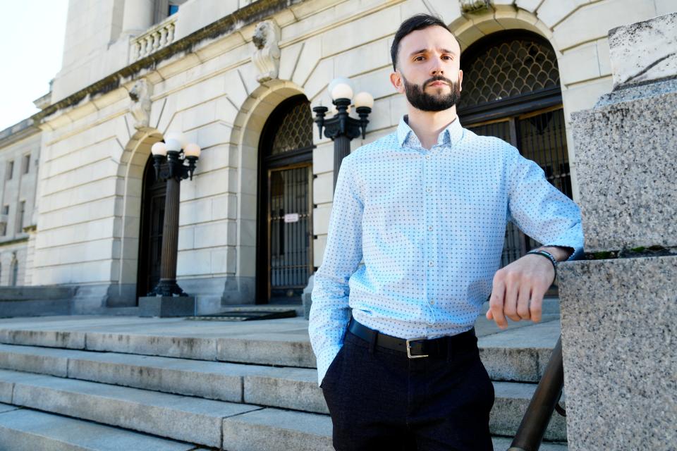 Isaac Jimenez is shown as he poses for a photograph, Monday, April 15, 2024, near the Bergen County Courthouse. Jimenez is an organizer with the North New Jersey Democratic Socialists of America, which has gathered signatures to have ÒUncommittedÓ on the ballot in all 21 New Jersey counties. They have done this to protest against BidenÕs support for Israel since October 7.