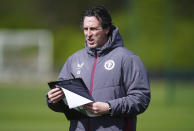 Aston Villa's manager Unai Emery attends a training session in, Birmingham, England, Wednesday, April 17, 2024. Aston Villa will face OSC Lille for a Europa Conference League, quarter final second leg, soccer match on Thursday, April 18, 2024. (David Davies/PA via AP)