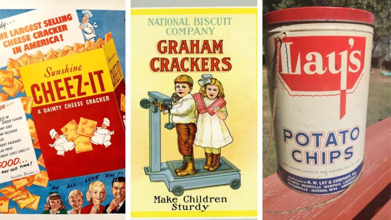 Vintage ads for snacks, including Cheese-Its, Graham Crackers, and Lay's Potato Chips