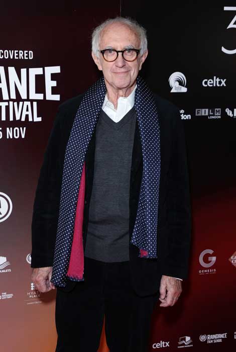 jonathan pryce wearing a jaunty polka dot scarf