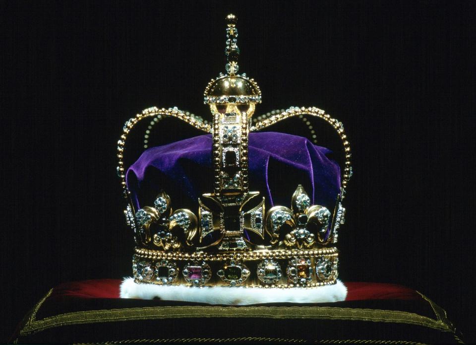 london, united kingdom april 19 st edwards crown, the coronation crown of england the crown is made of solid gold and and is currently set with 444 semi precious stones which were reset by garrard in 1911 for the coronation of george lll photo by tim graham photo library via getty images