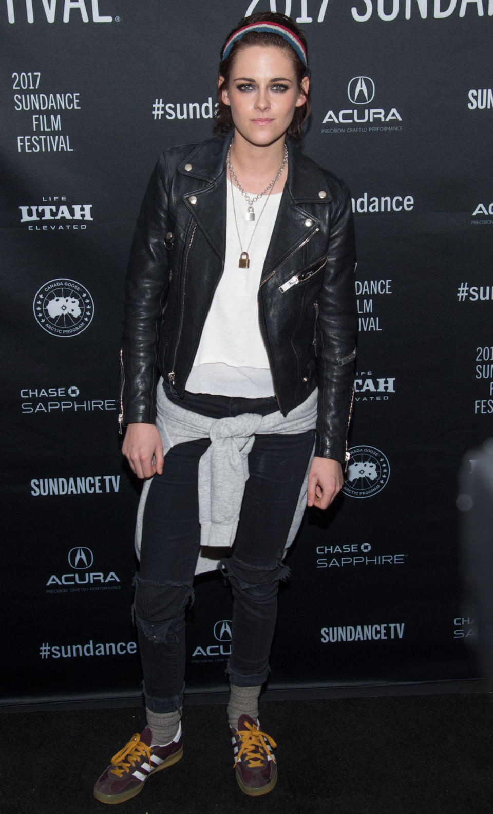 <p><strong>19 January</strong> Kristen Stewart attended the Sundance Film Festival wearing a biker jacket, black jeans and burgundy Adidas trainers. </p>
