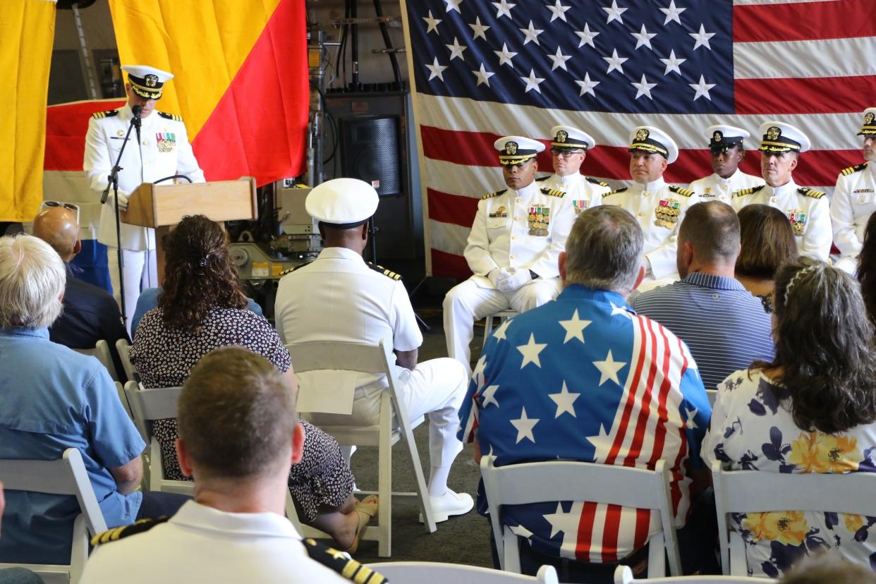 Crew and families of the USS Detroit gather Friday at Naval Station Mayport to decommission the not-yet seven-year-old littoral combat ship.