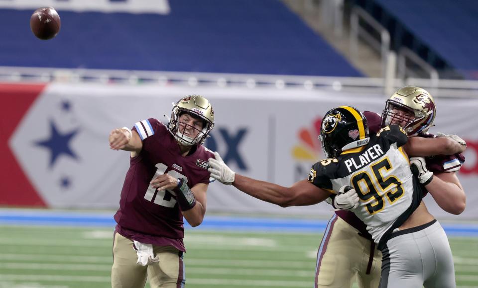 Michigan Panthers starting quarterback Josh Love throws downfield during the game at Ford Field in Detroit on Saturday, May 13, 2023. The Maulers beat the Panthers, 23-7.