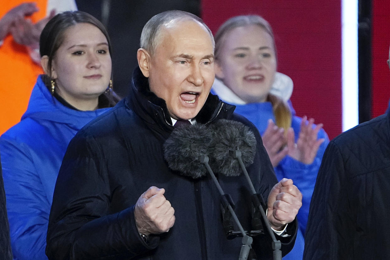 President Vladimir Putin seized Crimea from Ukraine a decade ago, a move that sent his popularity soaring but was widely denounced as illegal. (Alexander Zemlianichenko / AP)