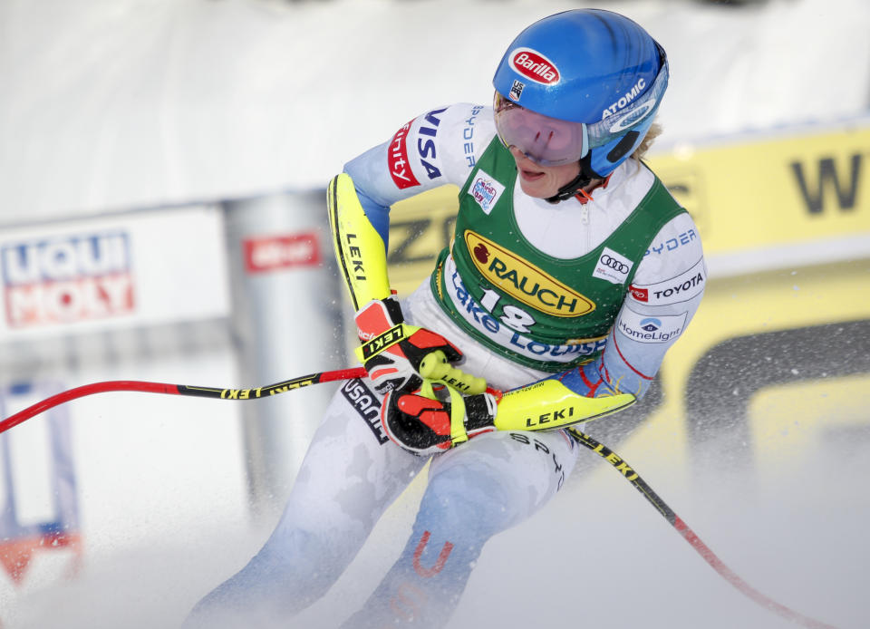 Mikaela Shiffrin, of the United States, reacts in the finish area following her run in the women's World Cup Super-G ski race at Lake Louise, Alberta, on Sunday, Dec. 5, 2021. (Frank Gunn/The Canadian Press via AP)