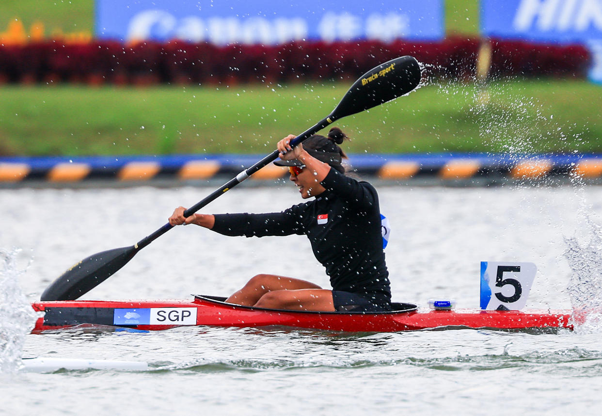 Singapore's kayaker Stephenie Chen in action during the women's K1 500m event. 