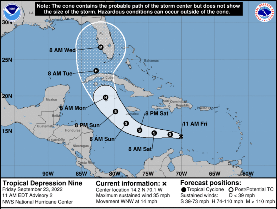 Se pronostica que la Depresión Tropical Nueve se convierta en tormenta tropical y luego en huracán al acercarse a la Florida.