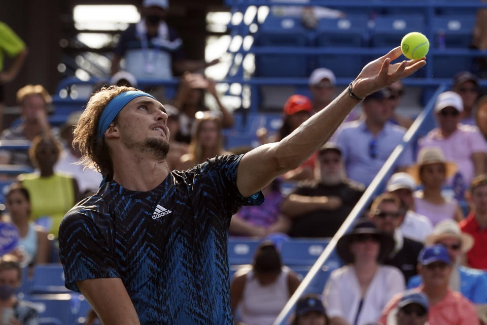 Alexander Zverev, of Germany, serves to Andrey Rublev, of Russia, during the men's single final of the Western & Southern Open tennis tournament, Sunday, Aug. 22, 2021, in Mason, Ohio. (AP Photo/Darron Cummings)