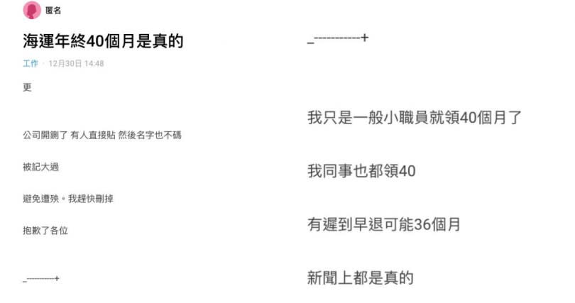 長榮海運年終。（圖／翻攝自Dcard）