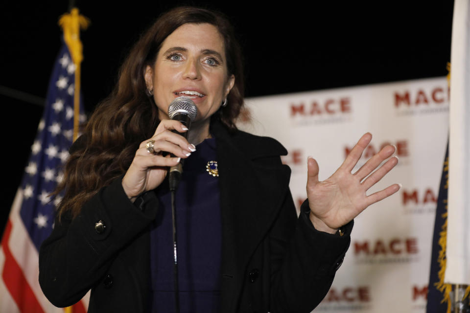 FILE - In this Nov. 3, 2020, file photo, Republican Nancy Mace talks to supporters during her election night party in Mount Pleasant, S.C. A bipartisan proposal in the U.S. House would ban the farming of mink fur in the United States in an effort to stem possible mutations of the coronavirus, something researchers have said can be accelerated when the virus spreads among animals. The bill introduced this week is an effort from Reps. Rosa DeLauro, D-Conn., and Nancy Mace, R-S.C. It would prohibit the import, export, transport, sale or purchase of mink in the United States. (AP Photo/Mic Smith, File)