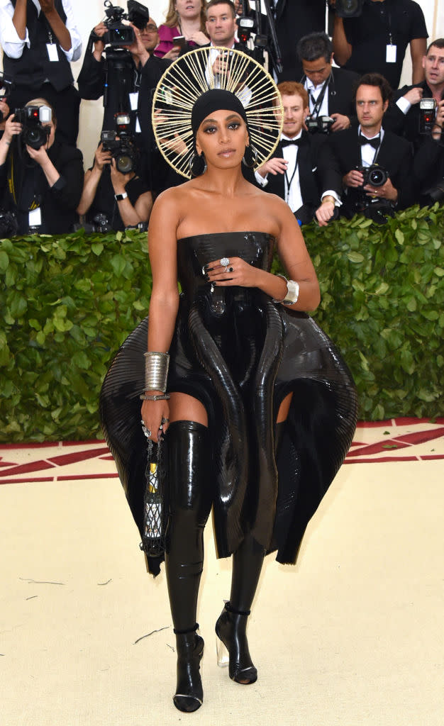 <p>Solange one-upped everyone at the event, wearing a latex ensemble by Iris van Herpen. (Photo: Getty Images) </p>