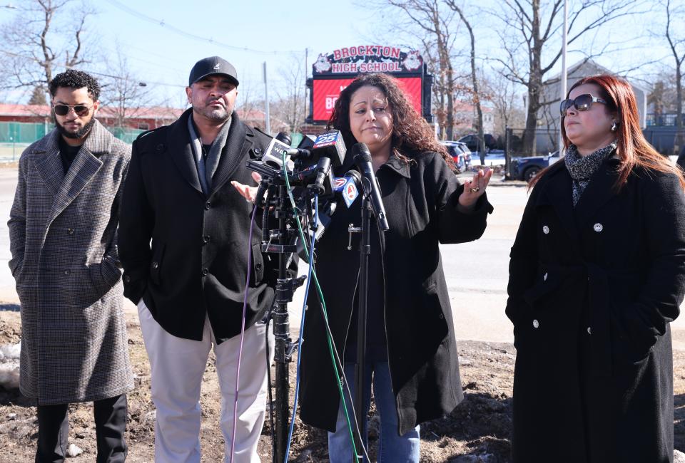 School committee members from left, Claudio Gomes, Tony Rodrigues, Joyce Asack, and Ana Oliver, during a presser on at Brockton High School on Monday, Feb. 19, 2024.