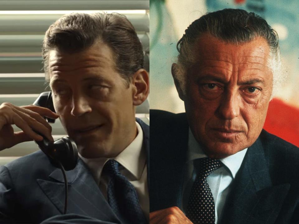 A side-by-side image of Tommaso Basili as Gianni Agnelli in "Ferrari," left; right, Gianni Agnelli in 1964.