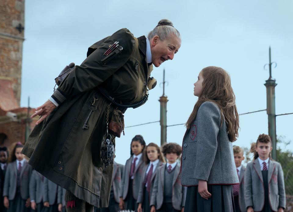 Emma Thompson as Agatha Trunchbull, Alisha Weir as Matilda in Roald Dahl's Matilda the Musical