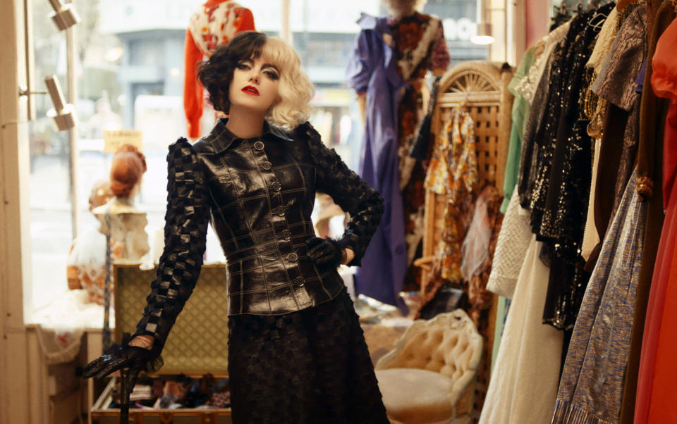 This image released by Disney shows Emma Stone in a scene from "Cruella." (Disney via AP)