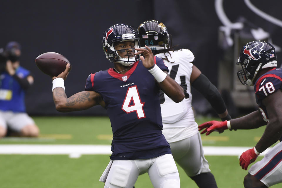 Houston Texans quarterback Deshaun Watson (4) throws against the Jacksonville Jaguars during the first half of an NFL football game Sunday, Oct. 11, 2020, in Houston. (AP Photo/Eric Christian Smith)