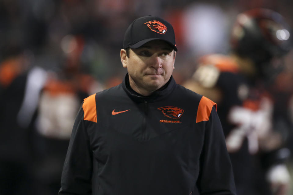 Oregon State head coach Jonathan Smith looks on during the first half of an NCAA college football game against California on Saturday, Nov 12, 2022, in Corvallis, Ore. (AP Photo/Amanda Loman)