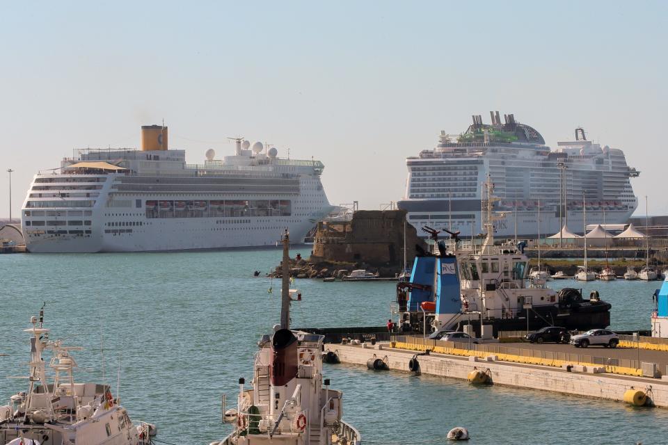 Cruise ships are seen docked at Civitavecchia port in Italy.