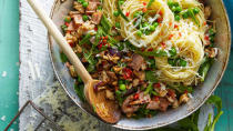 Twirl dainty nests of fine angel hair spaghetti into a chicken mince and bacon sauce bursting with flavour.<br><br><a rel="nofollow" href="https://au.lifestyle.yahoo.com/better-homes-gardens/recipes/r/30063829/chicken-bacon-pea-and-mint-spaghetti/" data-ylk="slk:RECIPE: Chicken, bacon, pea and mint spaghetti;elm:context_link;itc:0;sec:content-canvas" class="link ">RECIPE: Chicken, bacon, pea and mint spaghetti</a>