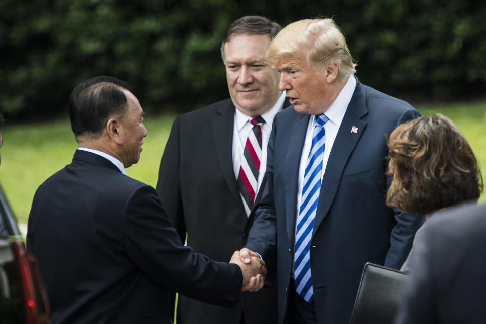 <span class="s1">President Trump and Secretary of State Mike Pompeo with North Korea’s Kim Yong Chol on June 1. (Photo: Jabin Botsford/The Washington Post via Getty Images)</span>