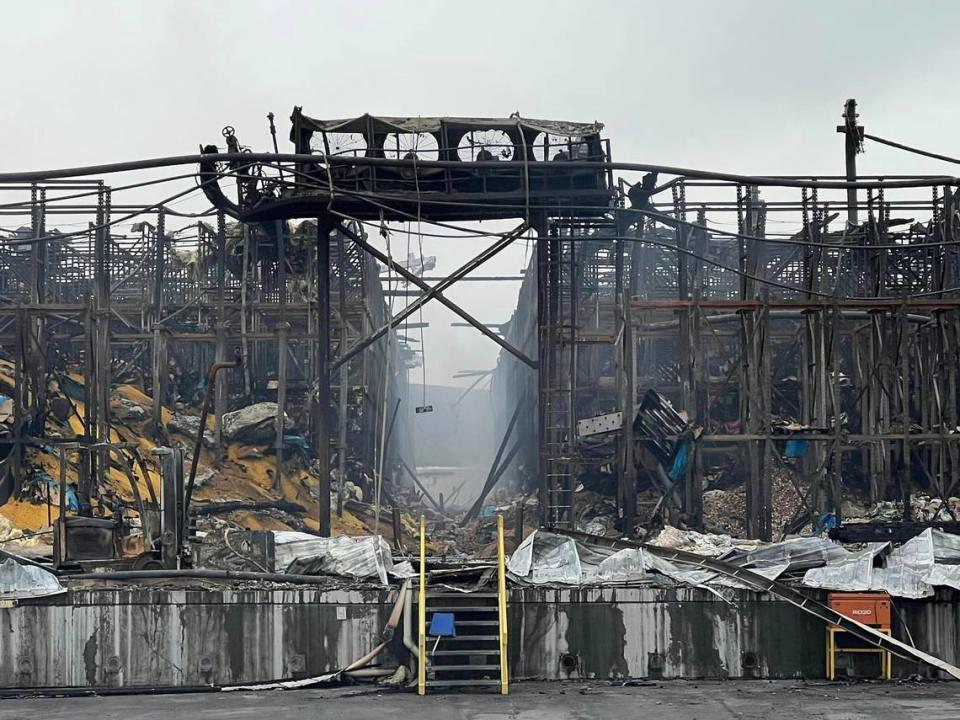 Piles of vegetables and packing materials remain in the shell of the older part of the Lineage Logistics cold storage warehouse in Finley Benton County Fire District 1
