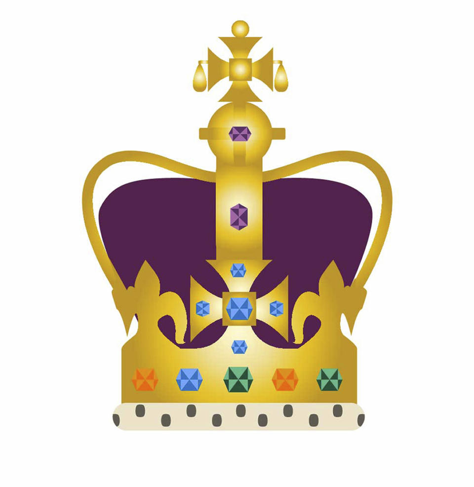This undated image issued on Sunday April 9, 2023 by Buckingham Palace shows a new emoji to mark the Coronation of King Charles III. The colourful cartoon motif depicts the 17th century jewelled solid gold St Edward’s Crown with purple velvet cap – the regalia which will be used to crown the King on May 6. (Buckingham Palace via AP)