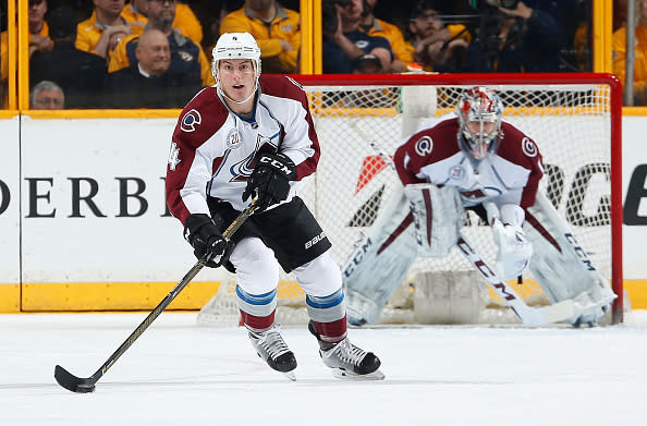NASHVILLE, TN - APRIL 5: Tyson Barrie #4 of the Colorado Avalanche skates against the Nashville Predators during an NHL game at Bridgestone Arena on April 5, 2016 in Nashville, Tennessee. (Photo by John Russell/NHLI via Getty Images)