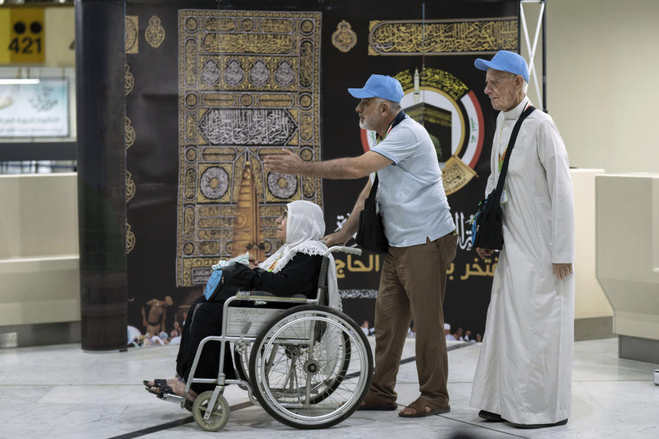 Iraqi pilgrims are heading to Mecca for Haj, the holiest place in Islam, at the Baghdad Airport in Baghdad, Iraq, Wednesday, June 7, 2023. (AP Photo/ Hadi Mizban)