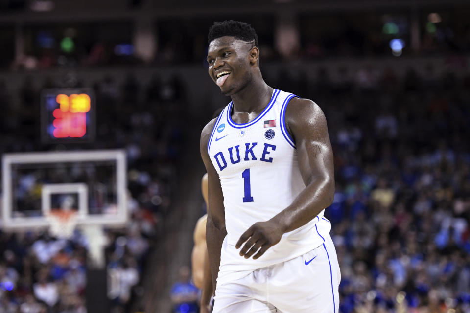 Duke forward Zion Williamson reacts after getting called for a foul against Central Florida during the second half of a second-round game in the NCAA men's college basketball tournament Sunday, March 24, 2019, in Columbia, S.C. Duke won 77-76. (AP Photo/Sean Rayford)