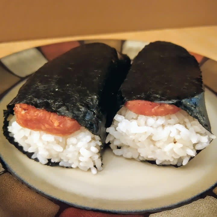 Homemade spam musubi on a serving plate