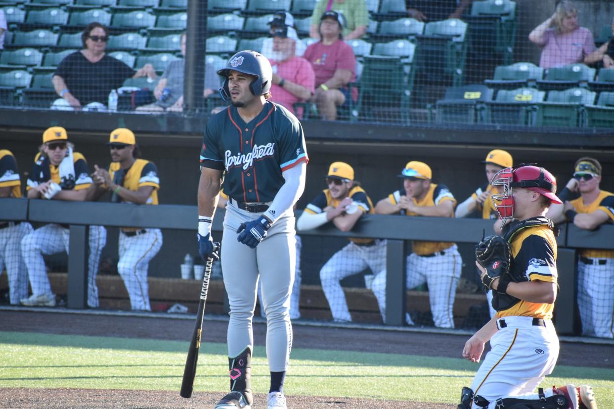 Jaison Andujar approaches the plate for the Springfield Lucky Horseshoes against the O'Fallon Hoots on June 12, 2024 at Robin Roberts Stadium in Springfield.