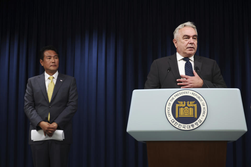 U.S. National Security Council Coordinator for Indo-Pacific Affairs Kurt Campbell, right, speaks as South Korea’s deputy national security director, Kim Tae-hyo looks on during during a news conference at the Presidential Office in Seoul, South Korea, Tuesday, July 18, 2023. A bilateral consulting group of South Korean and U.S. officials met Tuesday in Seoul to discuss strengthening their nations’ deterrence capabilities against North Korea’s evolving nuclear threats. (Kim Hong-Ji/Pool Photo via AP)