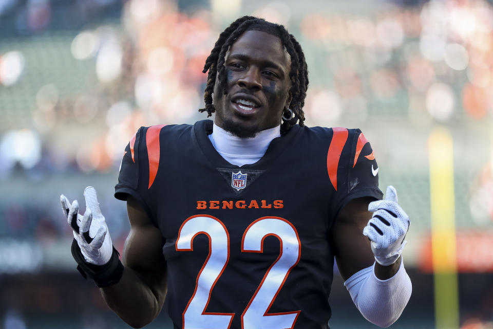 Oct 23, 2022; Cincinnati, Ohio, USA; Cincinnati Bengals cornerback Chidobe Awuzie (22) walks off the field after the victory over the <a class="link " href="https://sports.yahoo.com/nfl/teams/atlanta/" data-i13n="sec:content-canvas;subsec:anchor_text;elm:context_link" data-ylk="slk:Atlanta Falcons;sec:content-canvas;subsec:anchor_text;elm:context_link;itc:0">Atlanta Falcons</a> at Paycor Stadium. Mandatory Credit: Katie Stratman-USA TODAY Sports