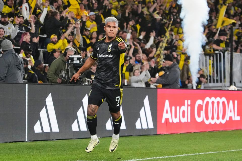 Mar 16, 2024; Columbus, Ohio, USA; Columbus Crew forward Cucho Hernandez (9) celebrates a goal during the first half of the MLS soccer match against the New York Red Bulls at Lower.com Field. Mandatory Credit: Adam Cairns-USA TODAY Sports