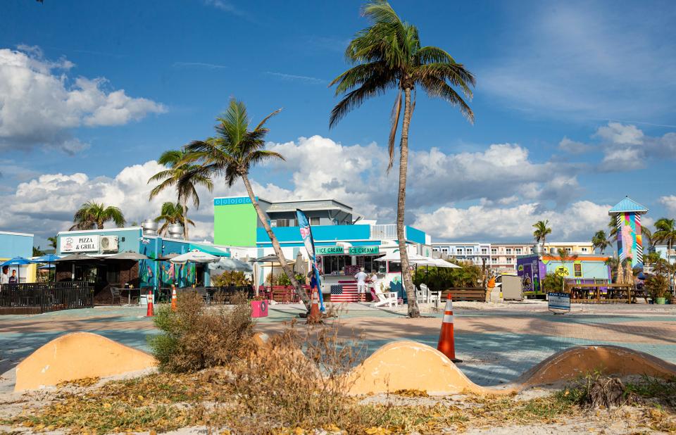 The Times Square on Fort Myers Beach on Wednesday, Sept. 6, 2023. It is coming up on a year since Hurricane Ian slammed ashore in Southwest Florida on Sept. 28, 2022. The island is slowly coming back.