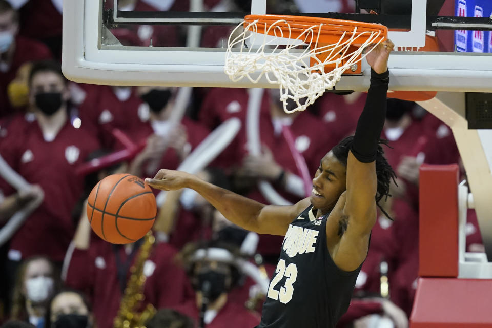 Purdue's Jaden Ivey dunks during the second half of an NCAA college basketball game against Indiana, Thursday, Jan. 20, 2022, in Bloomington, Ind. (AP Photo/Darron Cummings)