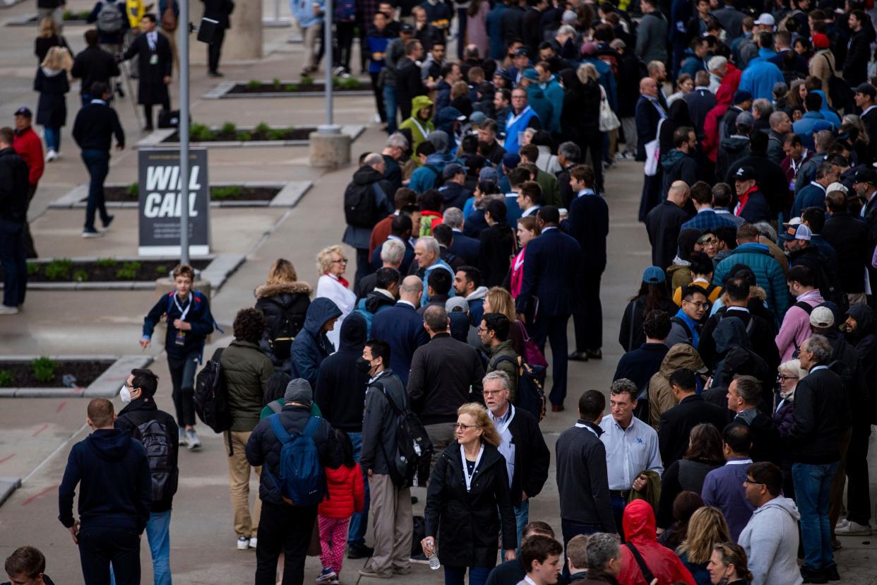 People line up for the Berkshire Hathaway 2022 Annual Shareholders Meeting weekend outside the CHI Health Center in Omaha, Nebraska, on Saturday.